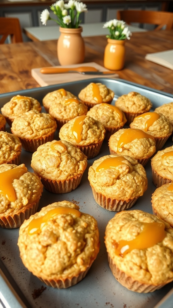 Golden brown oatmeal muffins made with peanut butter and honey, displayed on a rustic wooden tray.